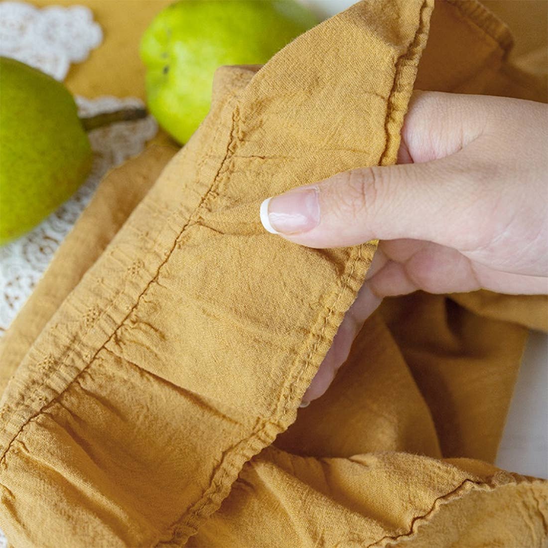 Yellow French Embroidered Ruffled Cotton Tablecloth: 55"X70" Rectangular