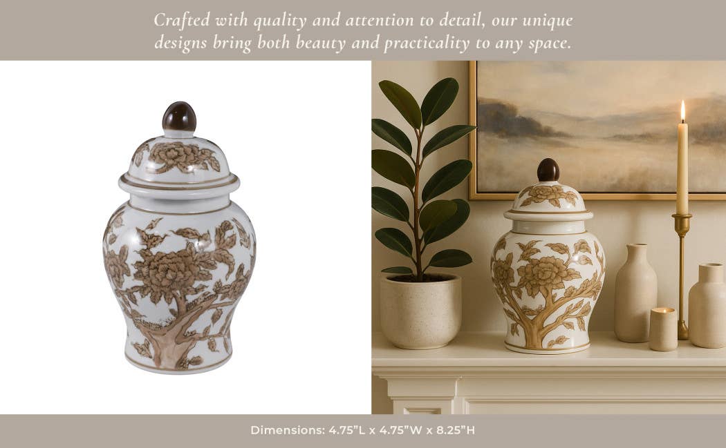 Brown Chinoiserie Lidded Jar - 8"