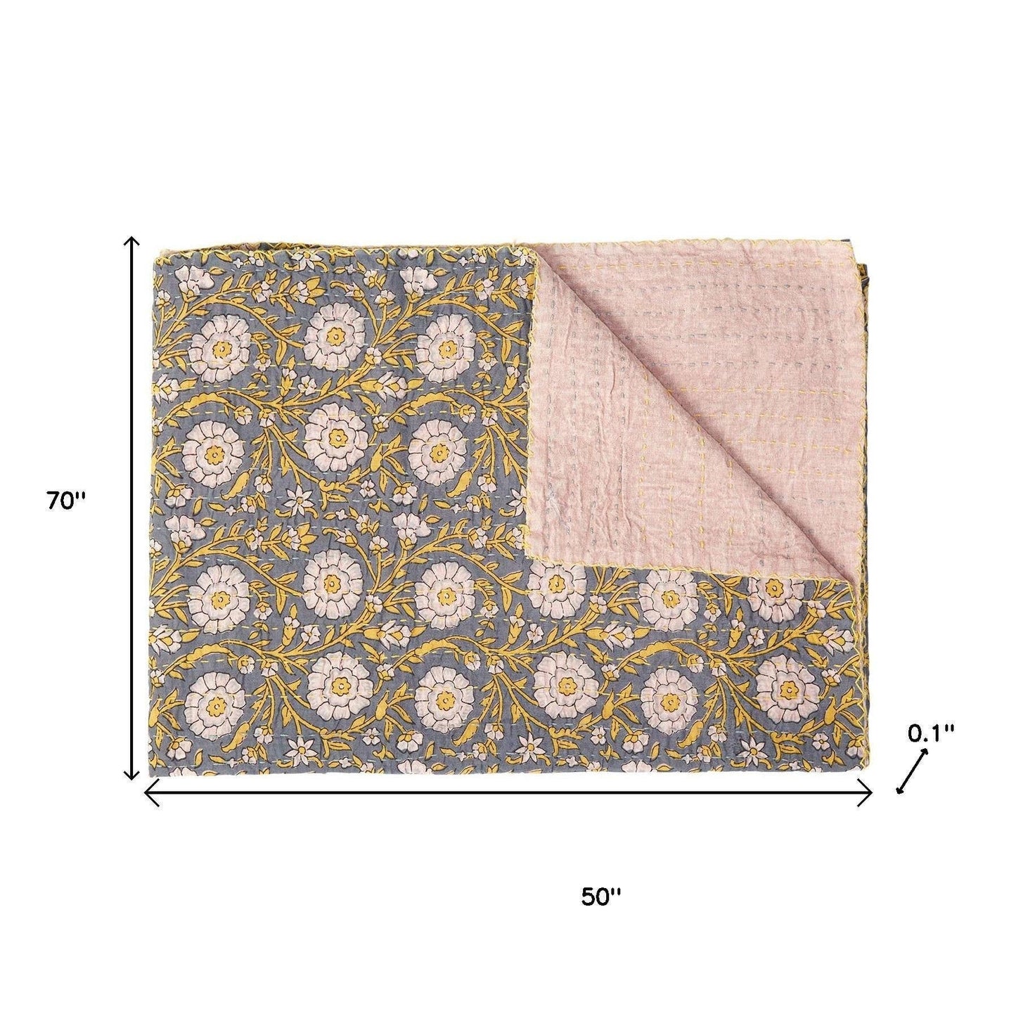50" X 70" Gray And Yellow Floral Cotton Quilted Kantha Throw