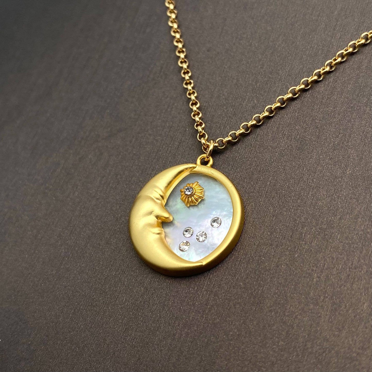 MS - Inlaid CZ & Shell 18K Gold Plated Moon Charm Necklace