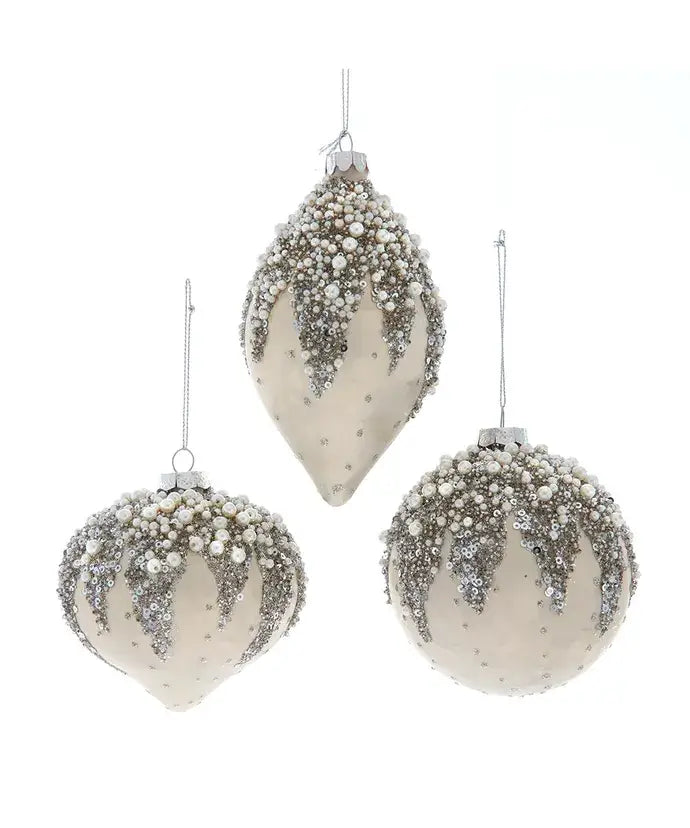 4" Glass Ivory Leaf Ball/Drop/Onion 3 Assorted