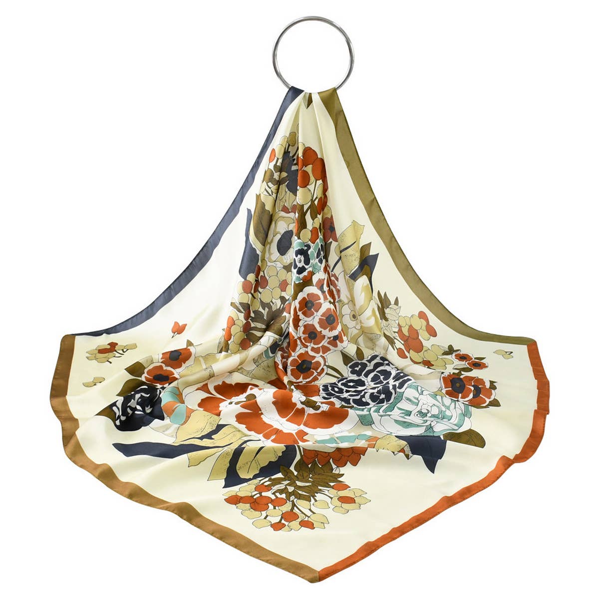 Green Elegant Floral Satin Scarf for Work & Sun