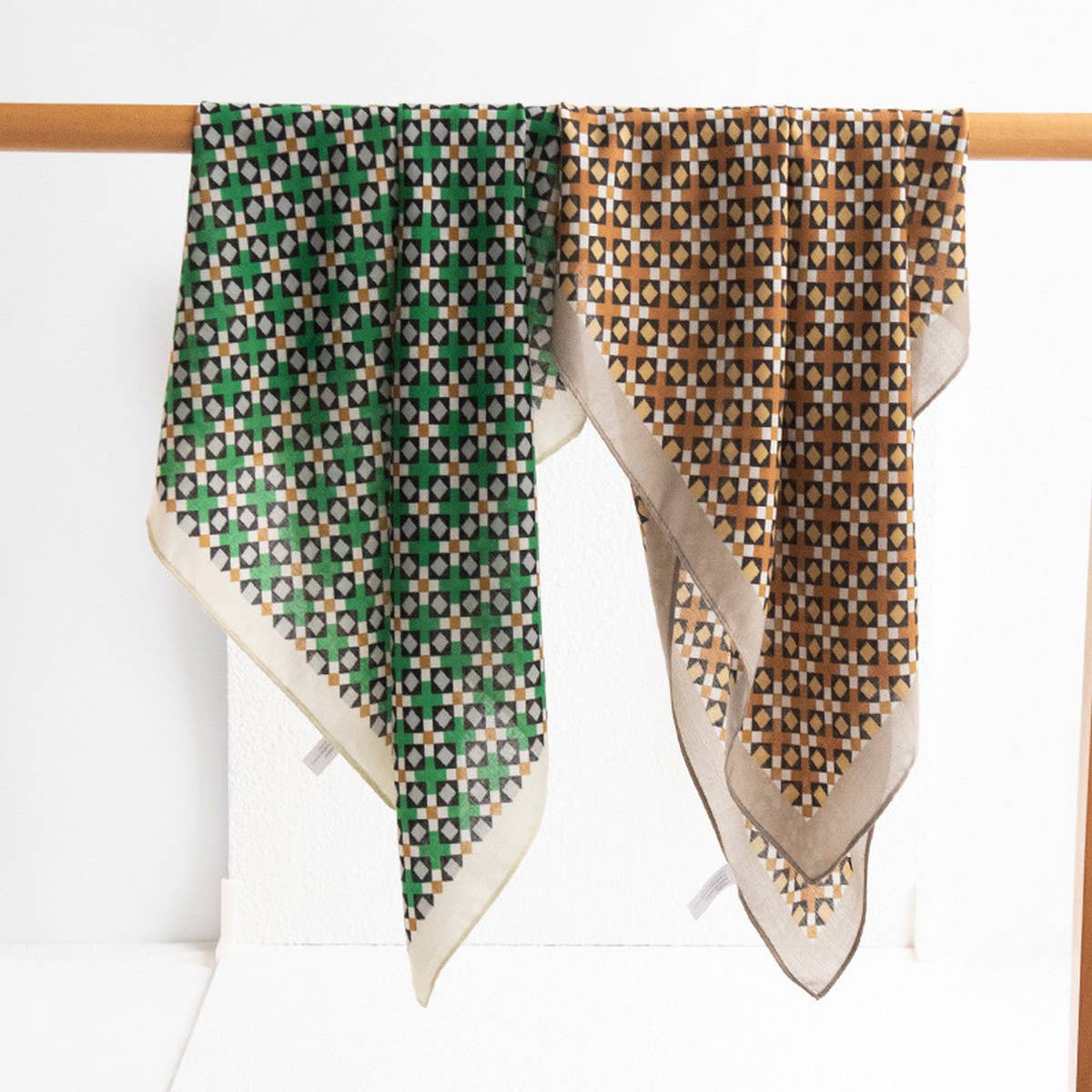 VINTAGE PLAID PRINT SQUARE SCARF_CWASC0930: Brown / (OS) 2