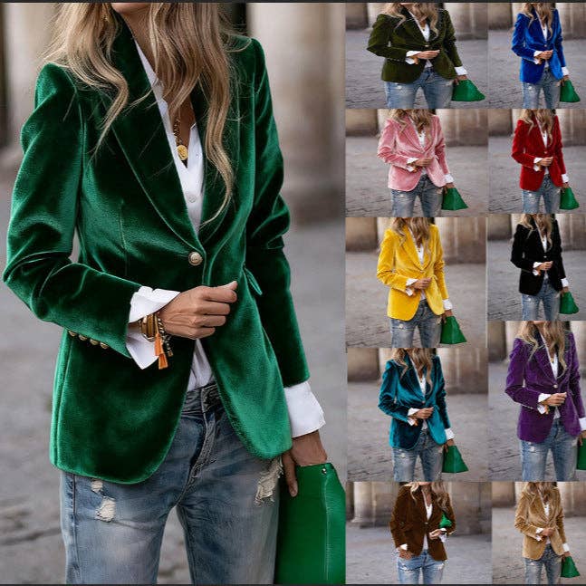 Women's Velvet Blazer One Button Elegant Office Jacket: Army Green / L
