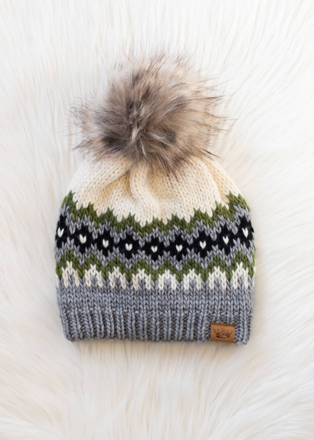 Cream, Green, Black & Gray Patterned Pom Hat