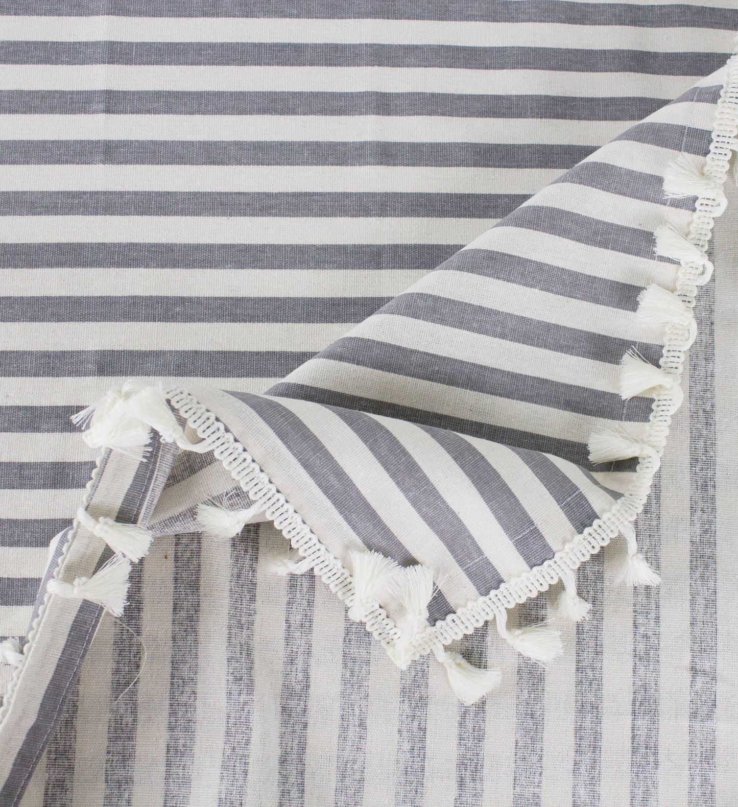 Grey Simply Striped Tasseled Cotton Blend Tablecloth