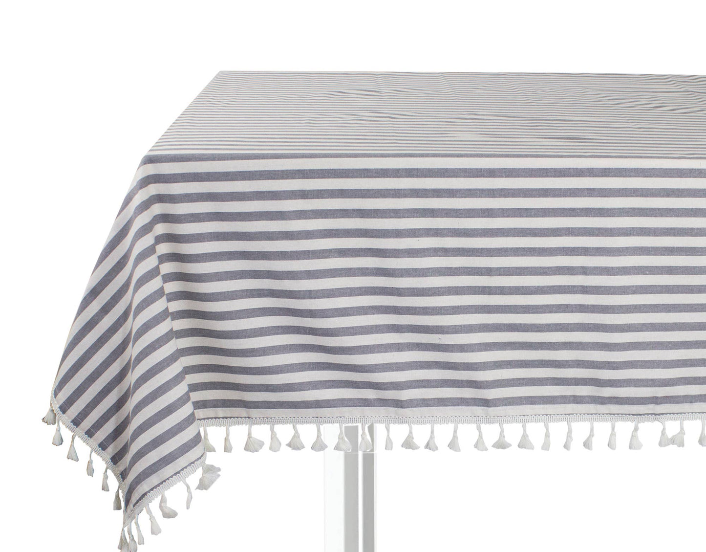 Grey Simply Striped Tasseled Cotton Blend Tablecloth