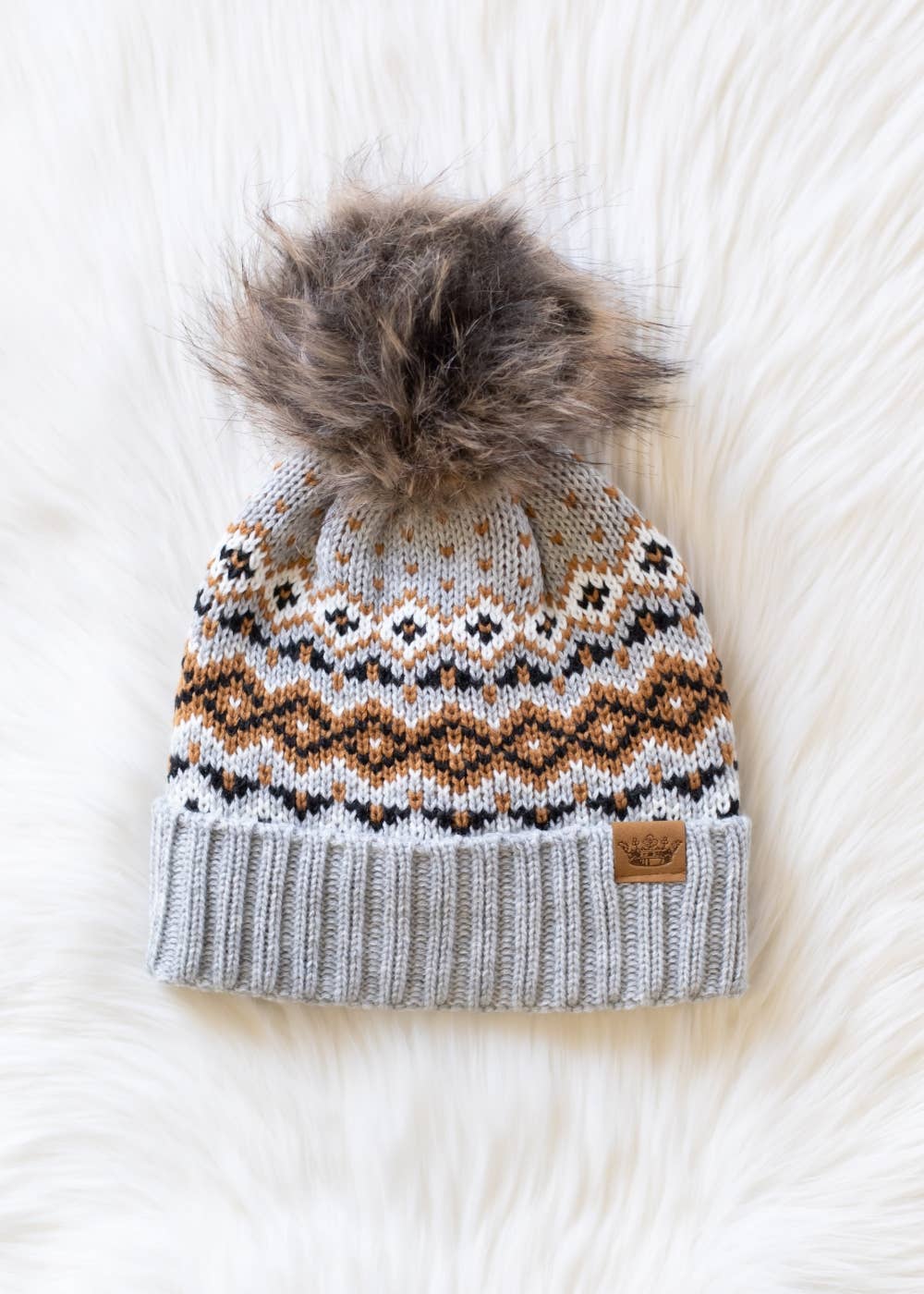 Gray, Camel & Black Patterned Pom Hat