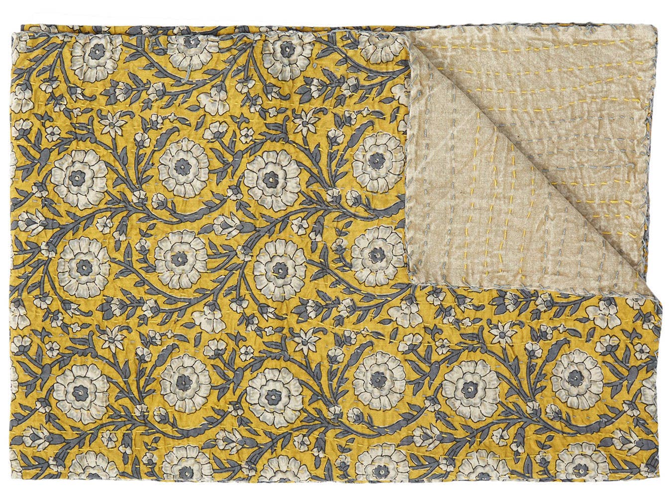 Yellow and Gray: 50" X 70" Kantha Cotton Floral Throw Blanket
