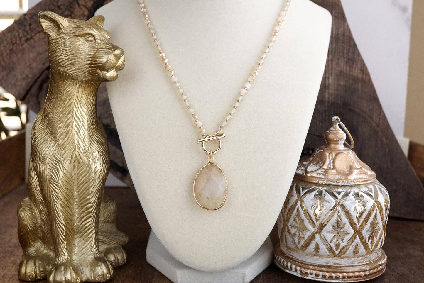 Short Beaded Necklace with Semi-Precious Teardrop Stone Pendant: Neutrals