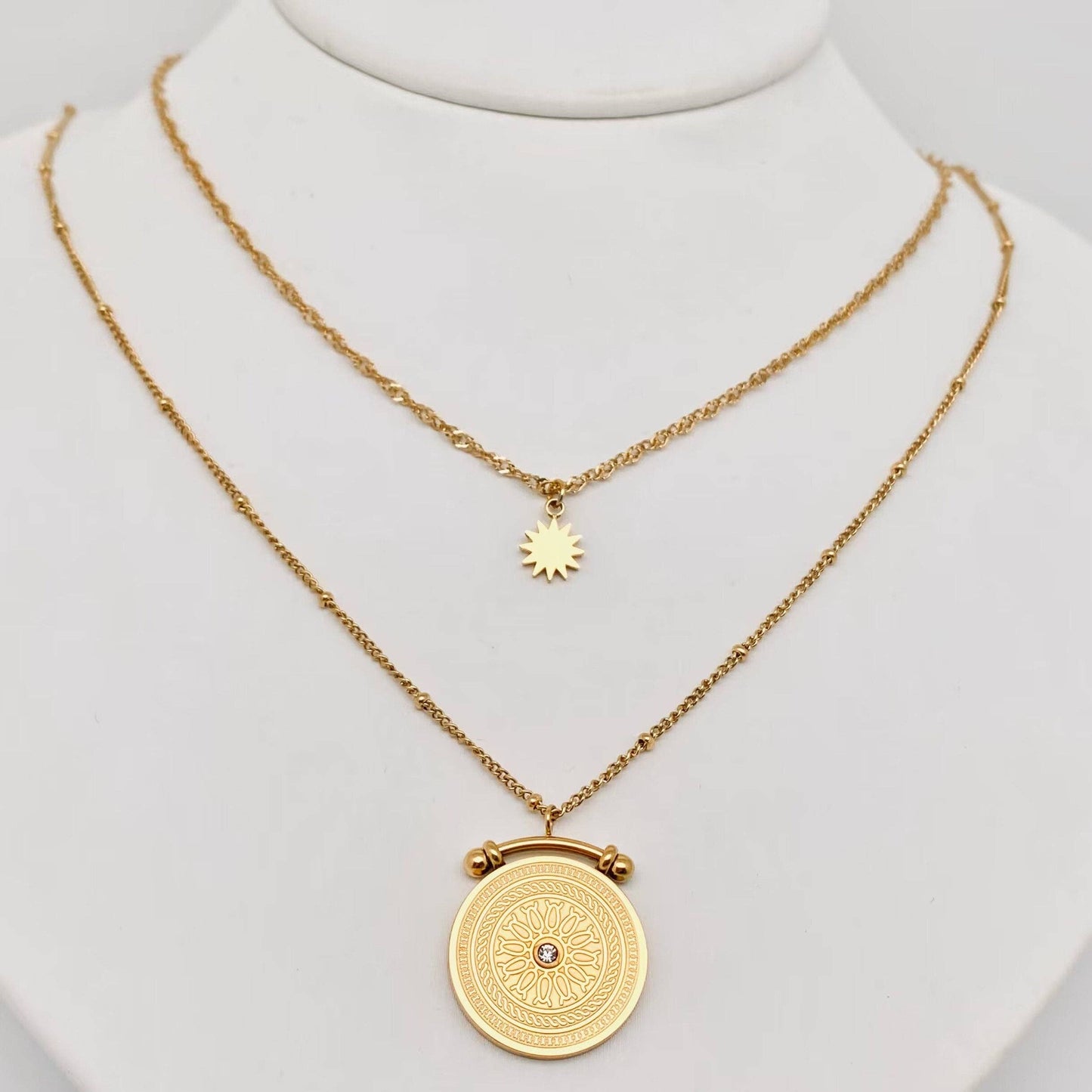 Sun Compass Stainless Steel Charm Double Layer Necklace -FGS