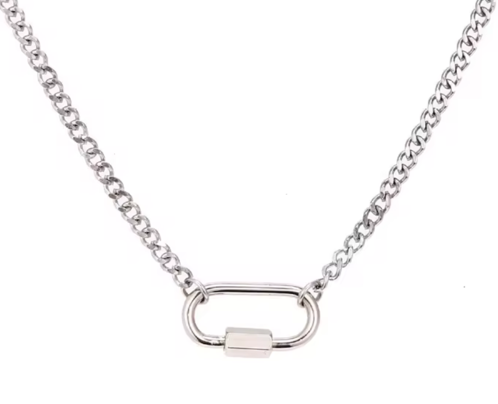 Carabiner Stainless Steel Necklace Two Tone-opens: Silver
