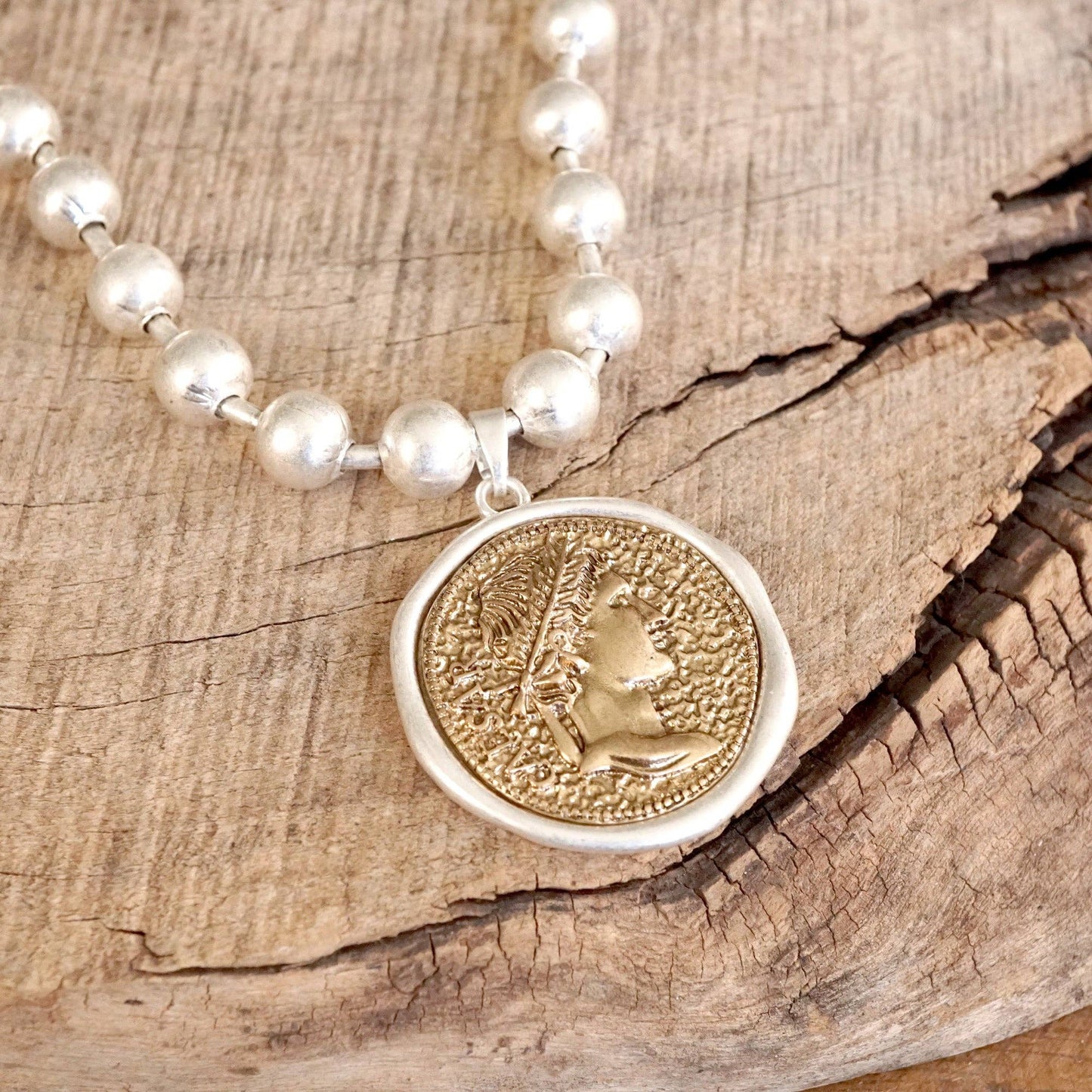 Coin Chunky Ball Chain Statement Necklace – Gold and Silver Tone: Silver