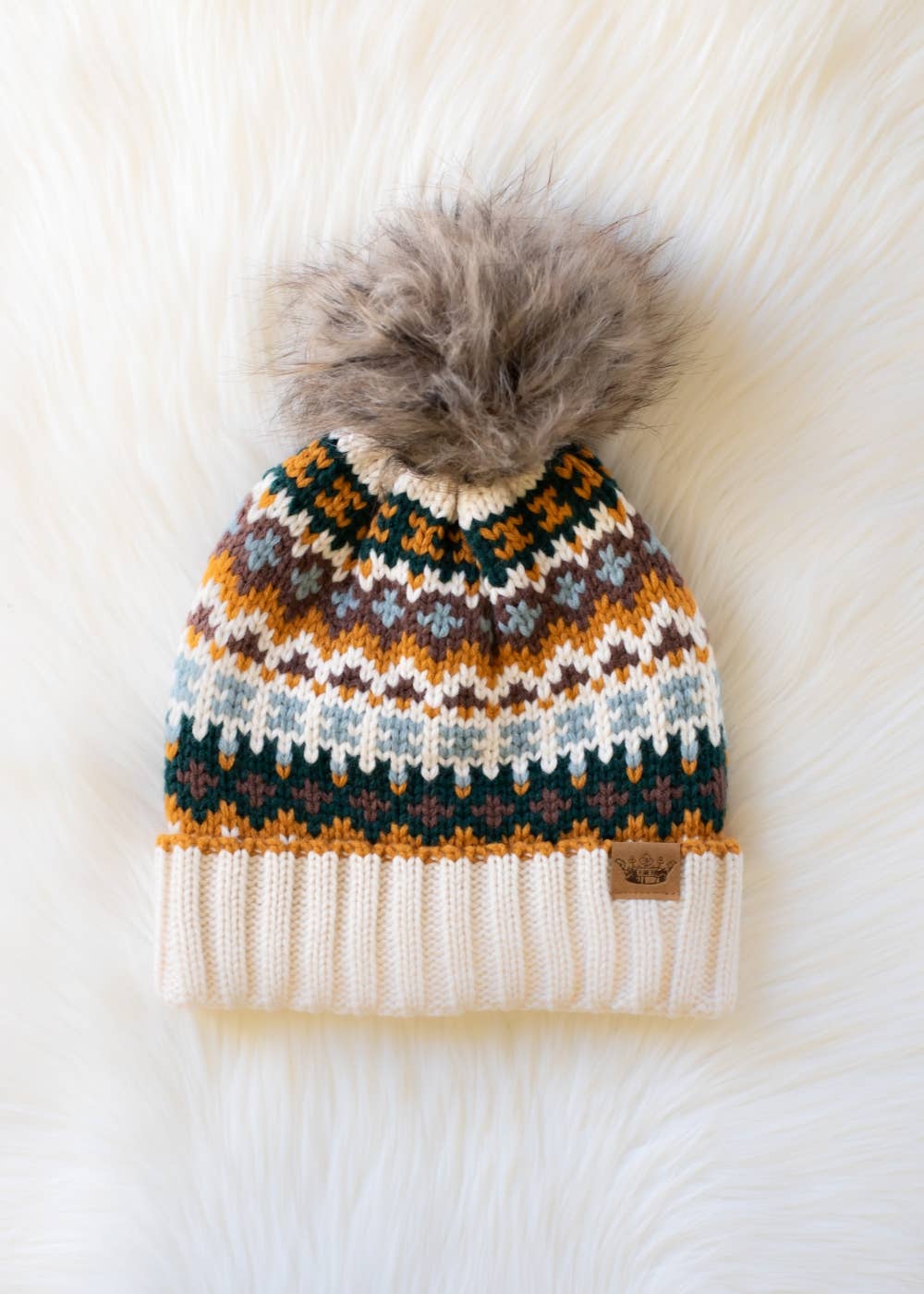 Cream & Multicolored Patterned Pom Hat