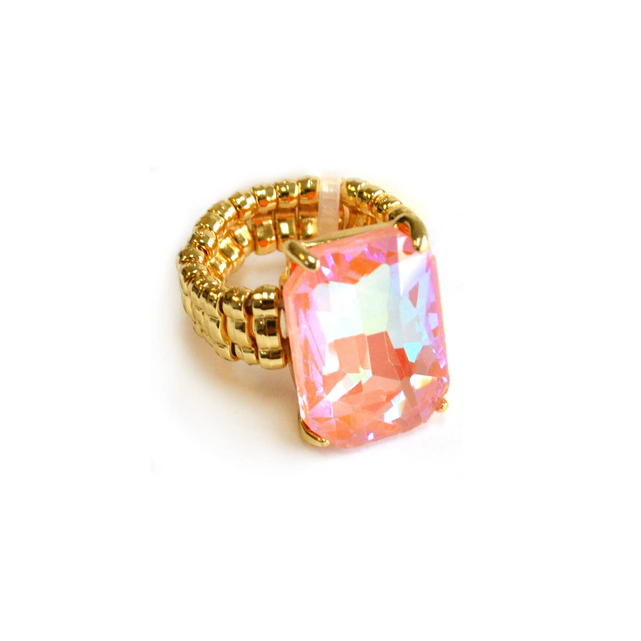 Rectangular Glass Cocktail Cut Stretched Adjustable Ring: Rose-AB
