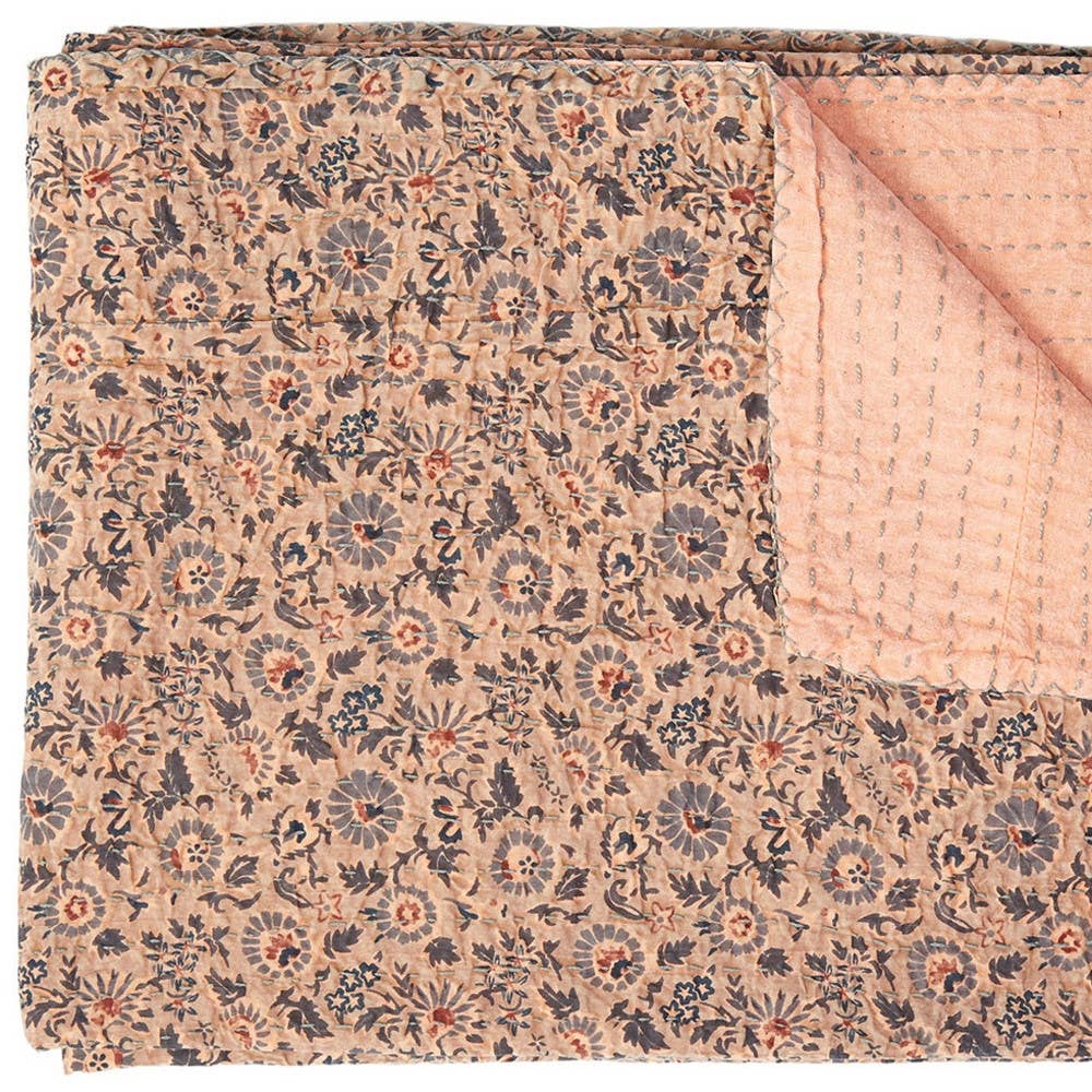 50" X 70" Peach And Gray Floral Cotton Quilted Kantha Throw Blanket with Embroidery: Magenta / Purple / Pink / Cotton - 50"x70"