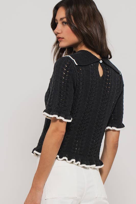 Black Crochet Knit Short Sleeve Top