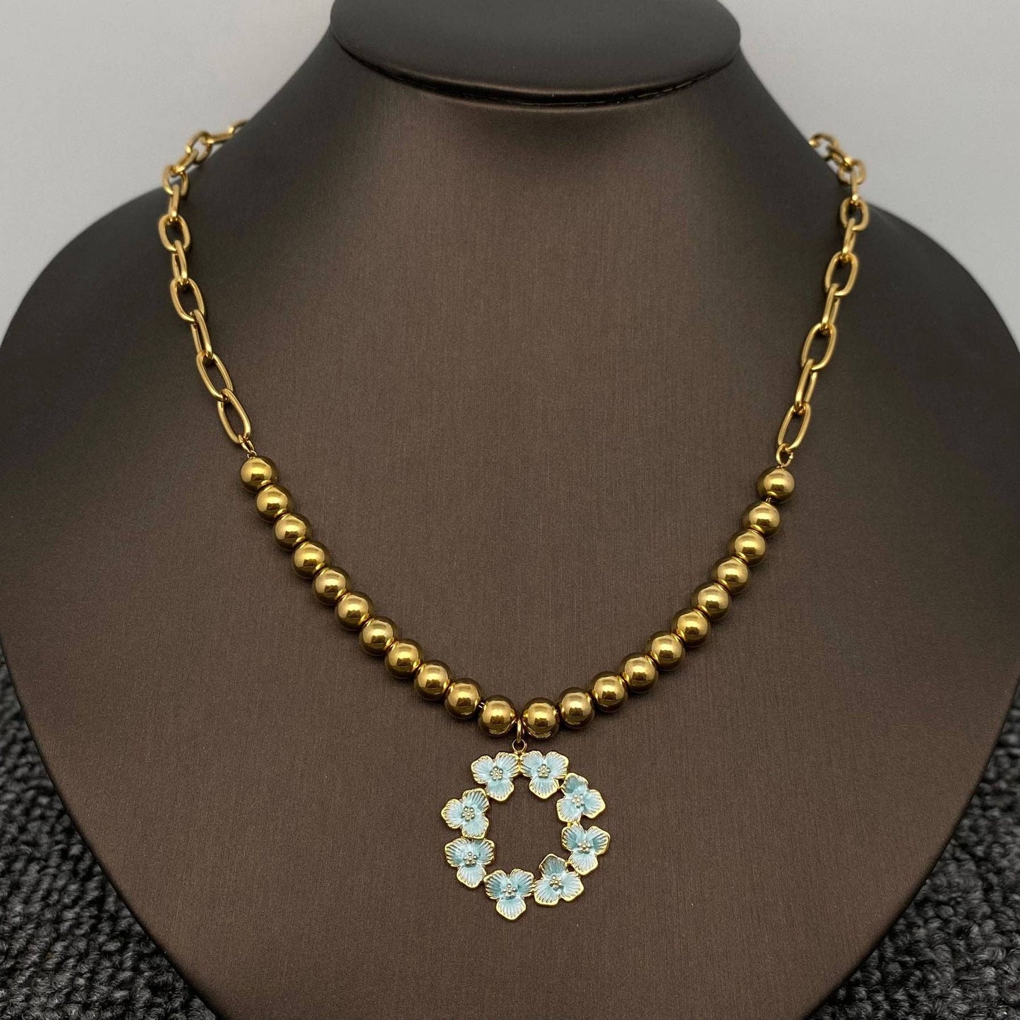 Blue Flower Ring Charm18K Gold Plated SS Necklace - FGS