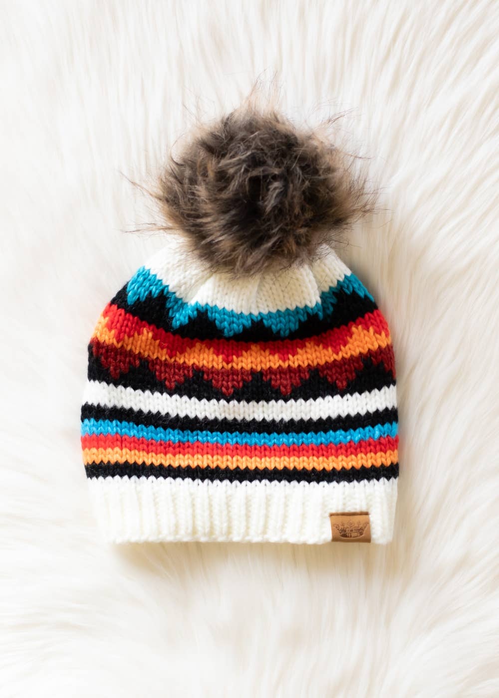Ivory & Colorful Patterned Pom Hat