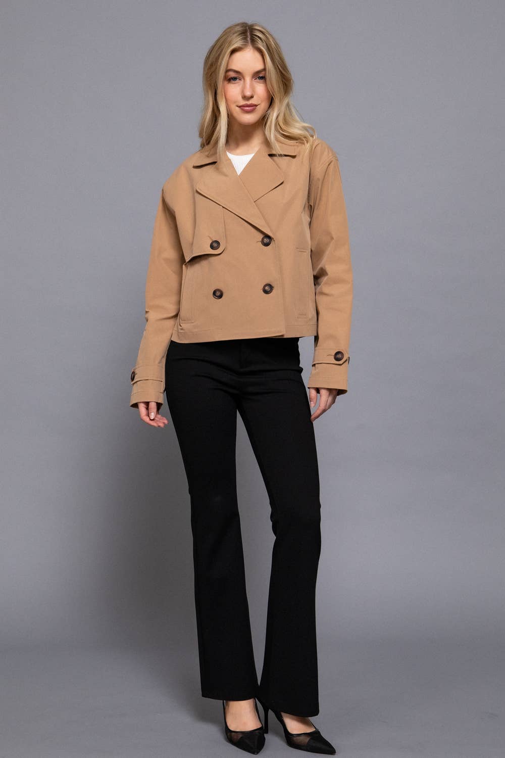Long Sleeve Front Double Breasted Short Trench Jacket: BLK-black / L