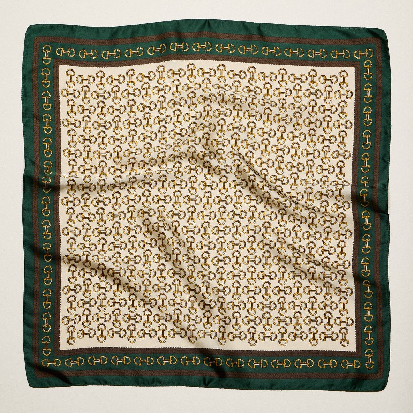 Classic Chain Print Square Scarf | Green & Navy Border Silk-Feel Fashion Scarf: BL / ONE