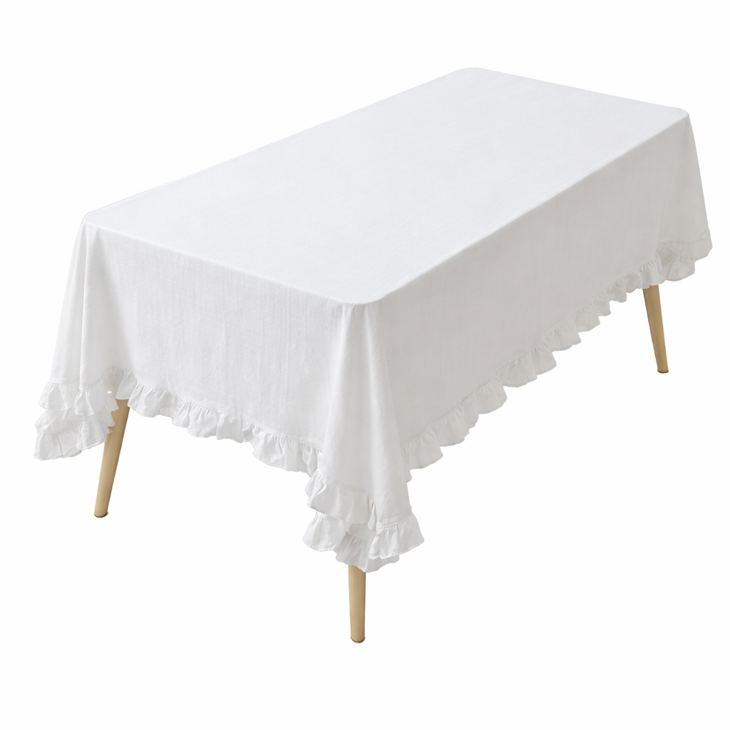 White French Embroidered Ruffled Cotton Tablecloth: 55"x78" Rectangular
