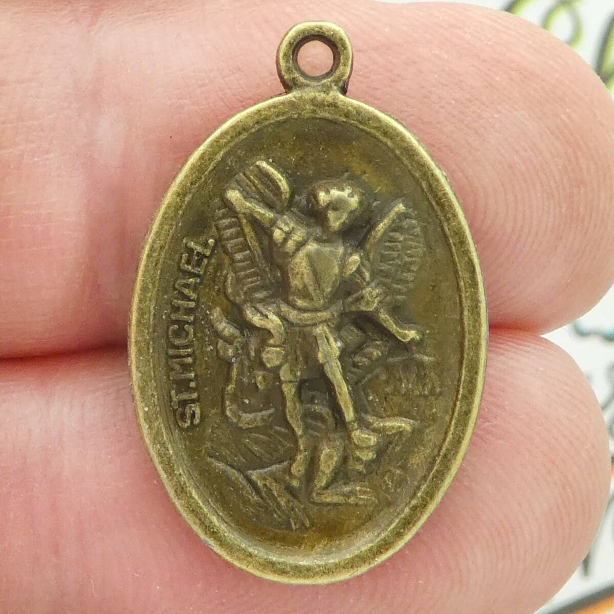 5 St Michael Charm with Guardian Angel Bronze 26x16mm by TIJC SP0709