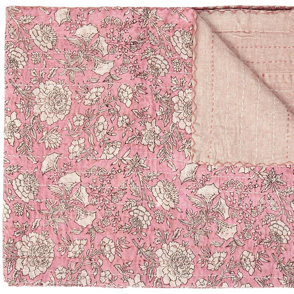 50" X 70" Pink And Blush Floral Cotton Quilted Kantha Throw Blanket with Embroidery: 50"x70"