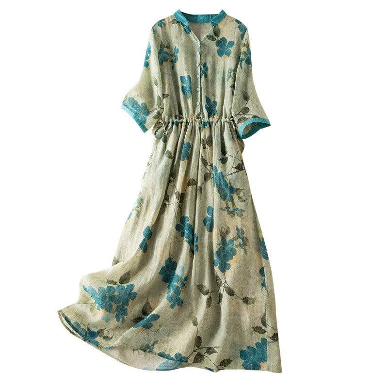 Floral Print V-Neck Maxi Dress: Yellow / L