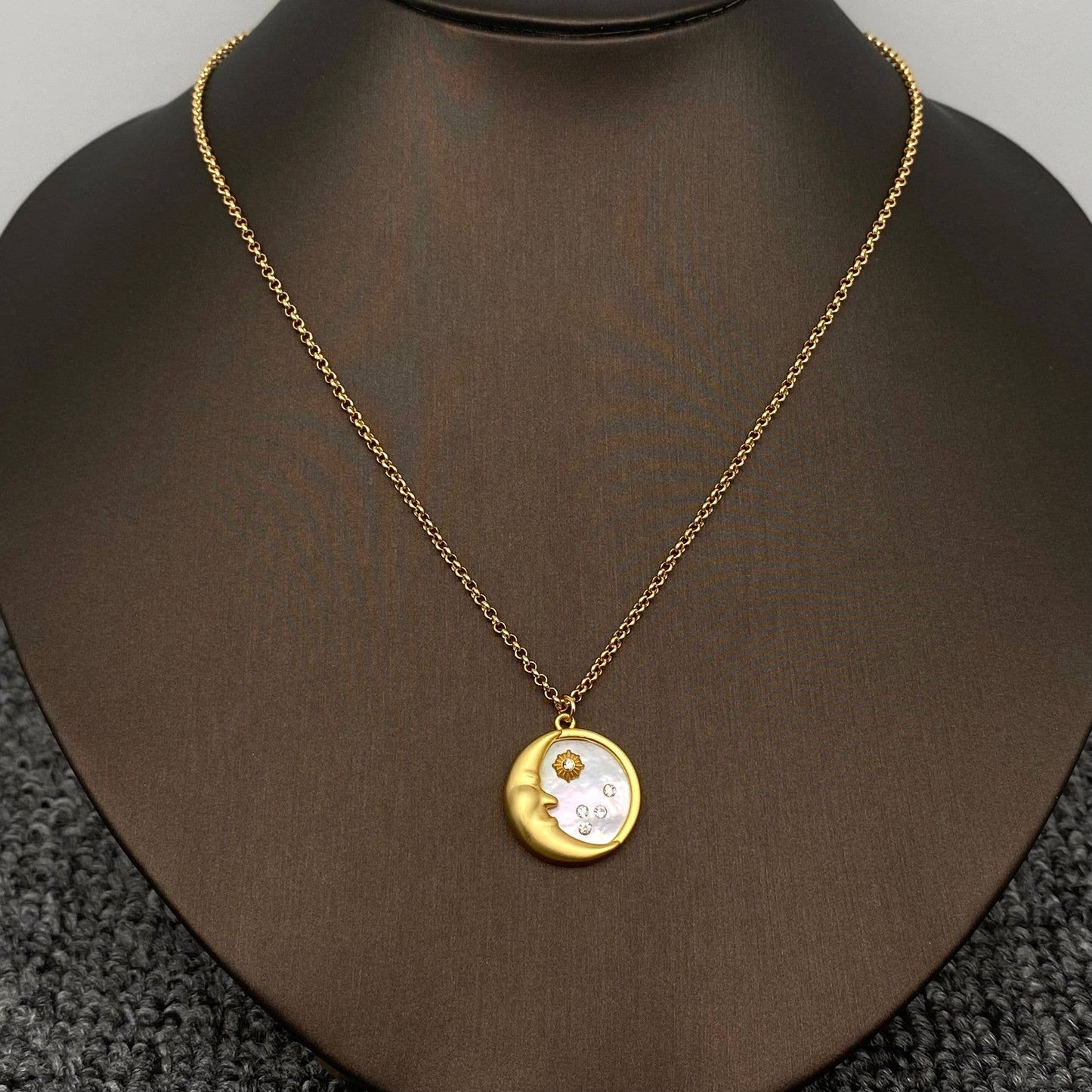 MS - Inlaid CZ & Shell 18K Gold Plated Moon Charm Necklace