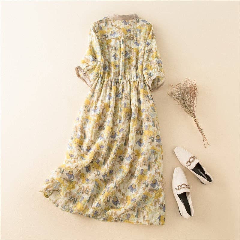 Floral Print V-Neck Maxi Dress: Yellow /S