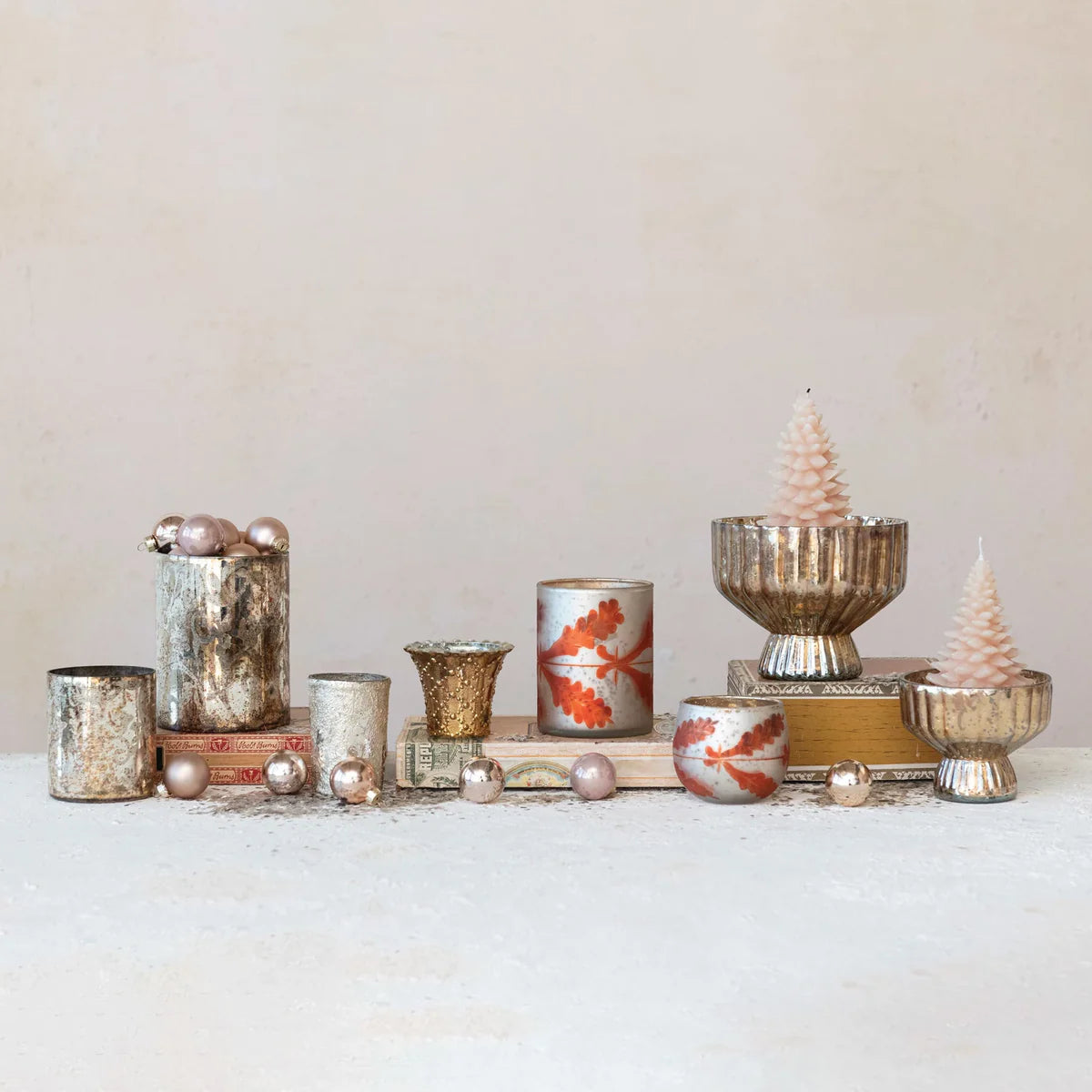 Antique Gold Finish Tealight/Votive Holder, Embossed Mercury Glass