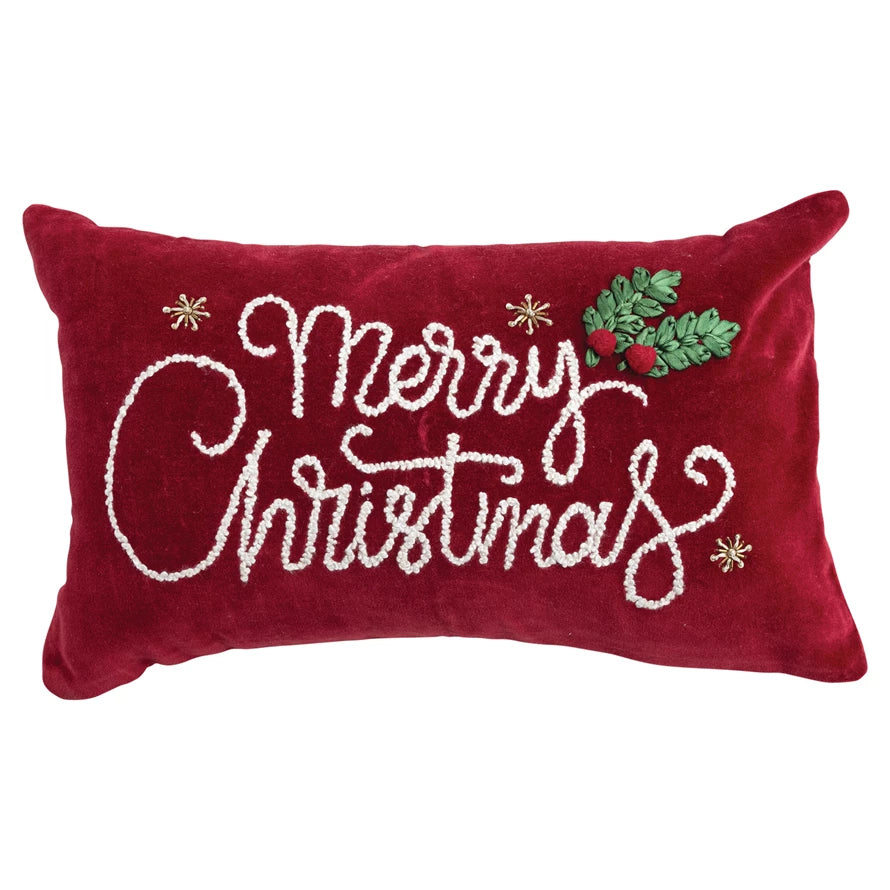 Velvet Pillow-"Merry Christmas" Lumbar with Embroidery & Applique