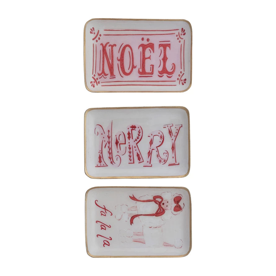 Enameled Metal Tray with Holiday Saying, Image & Gold Edge, 3 Styles ©