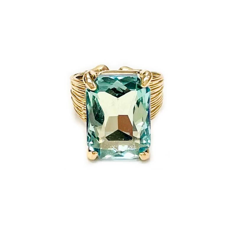 Square Glass Cushion Cut Cocktail Adjustable Wire Ring: GREEN-AB