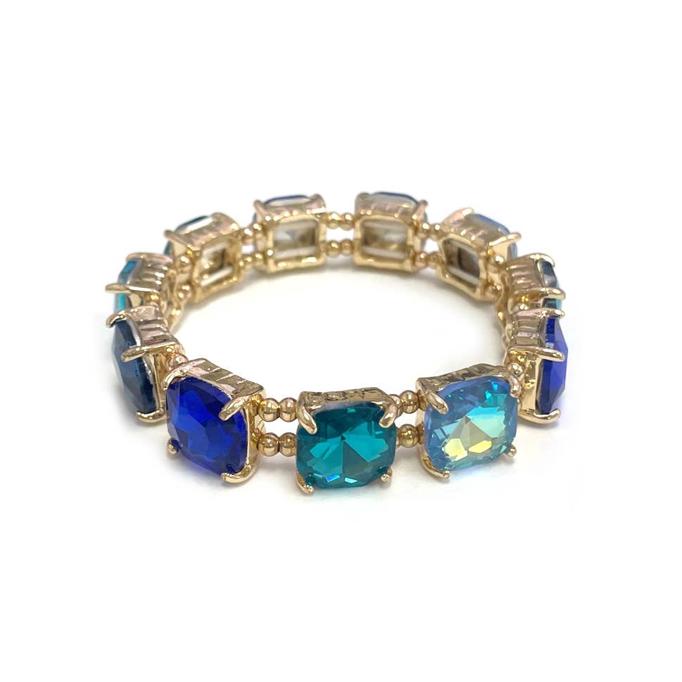 Cushion Cut Glass Crystal Linked Stretch Bracelet: MINT-AB