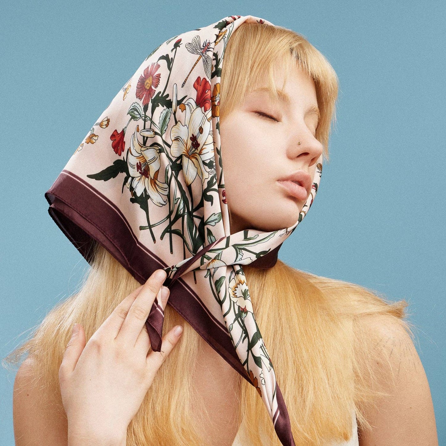 Vintage Botanical Floral Square Scarf | Elegant Garden Print Satin Neck & Hair Scarf: BL / ONE