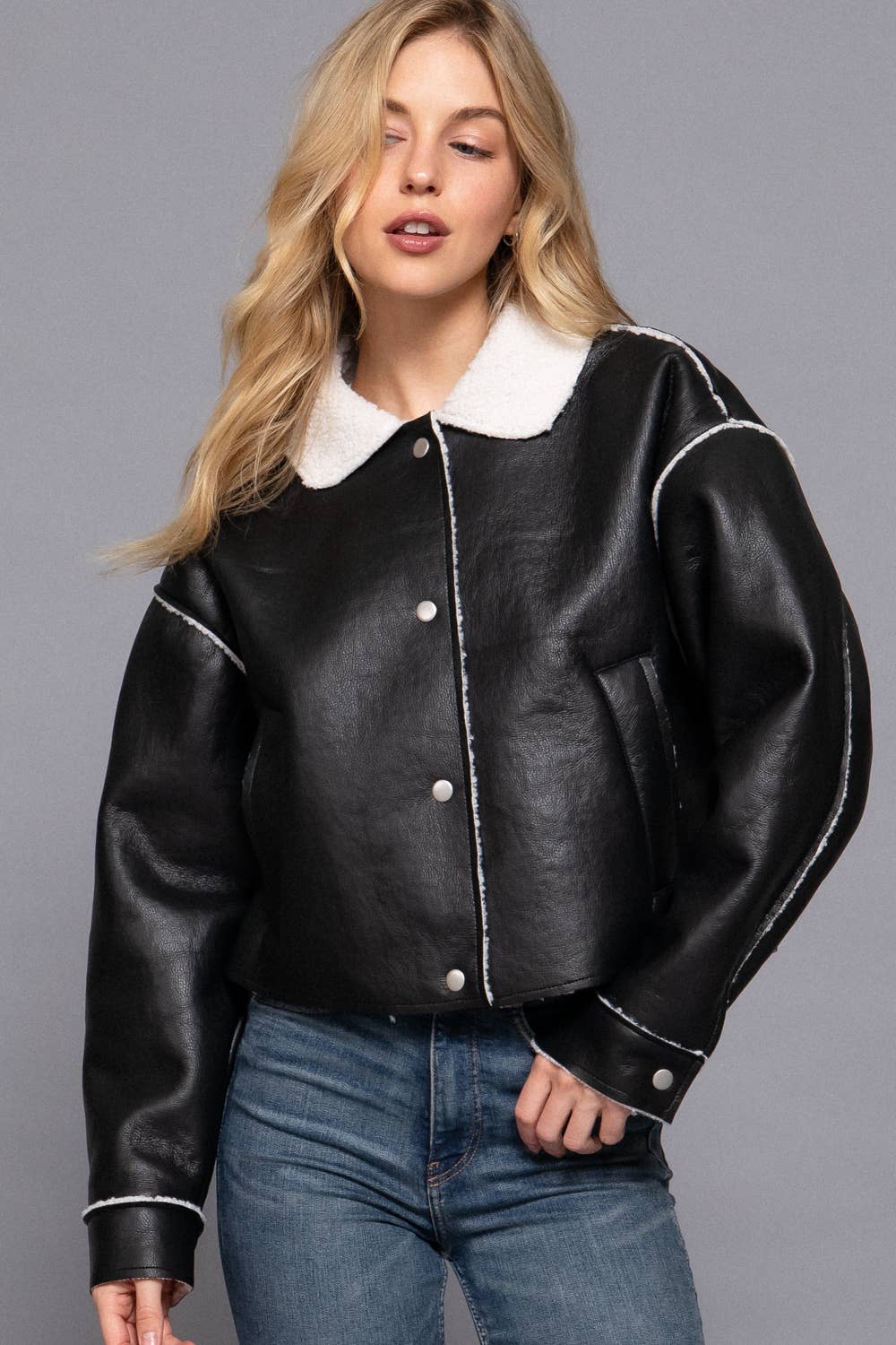 Long Sleeve Faux Leather Inner Fur Jacket: BRN-dark chocolate / L