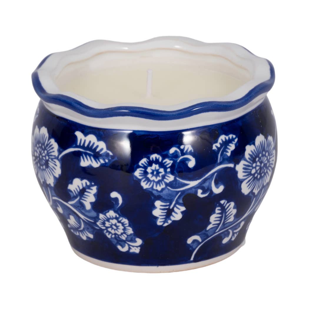 Candle - Blue/White Ceramic Chinoiserie Peony, 7 Oz