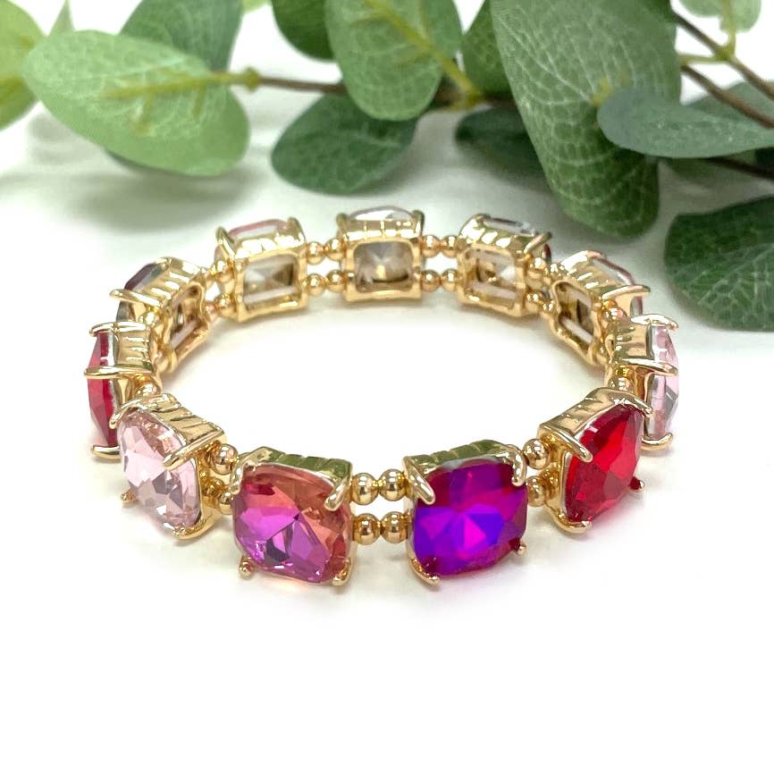 Cushion Cut Glass Crystal Linked Stretch Bracelet: BLACK