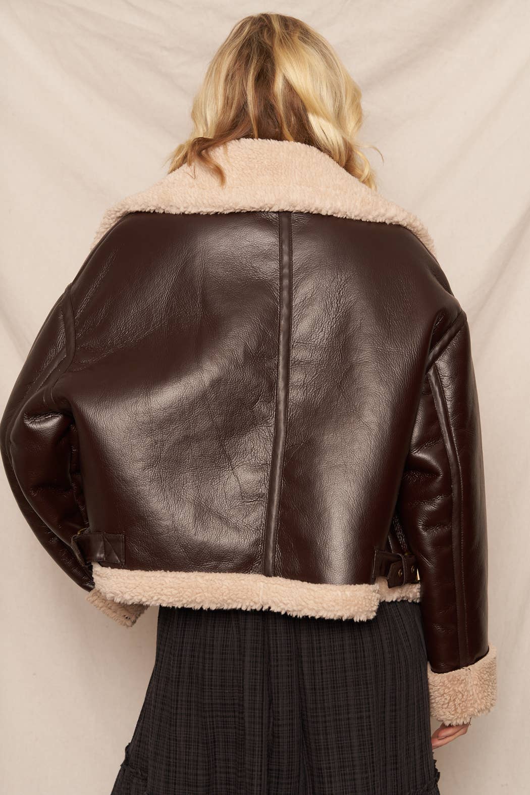 Oversized Faux Leather Aviator Jacket with Sherpa Trim: Brown / L