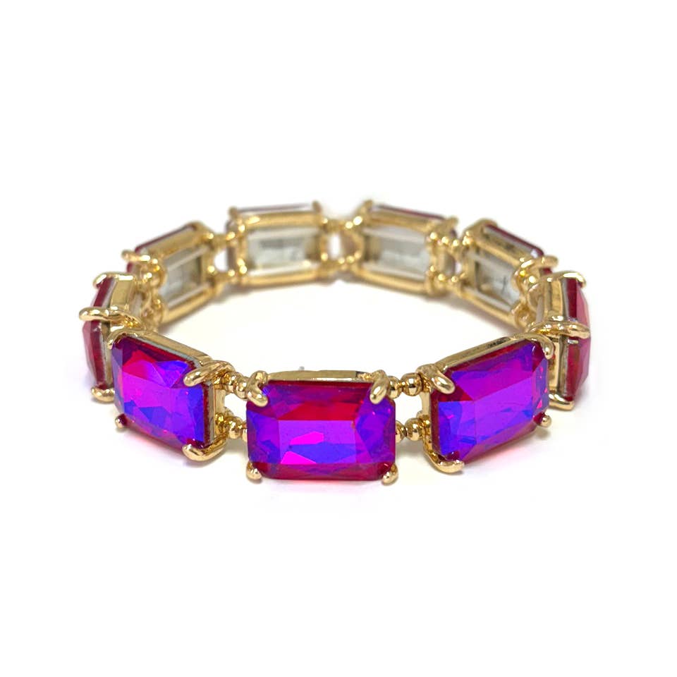 Rectangular Glass Crystal Linked Stretch Bracelet: Black Multi