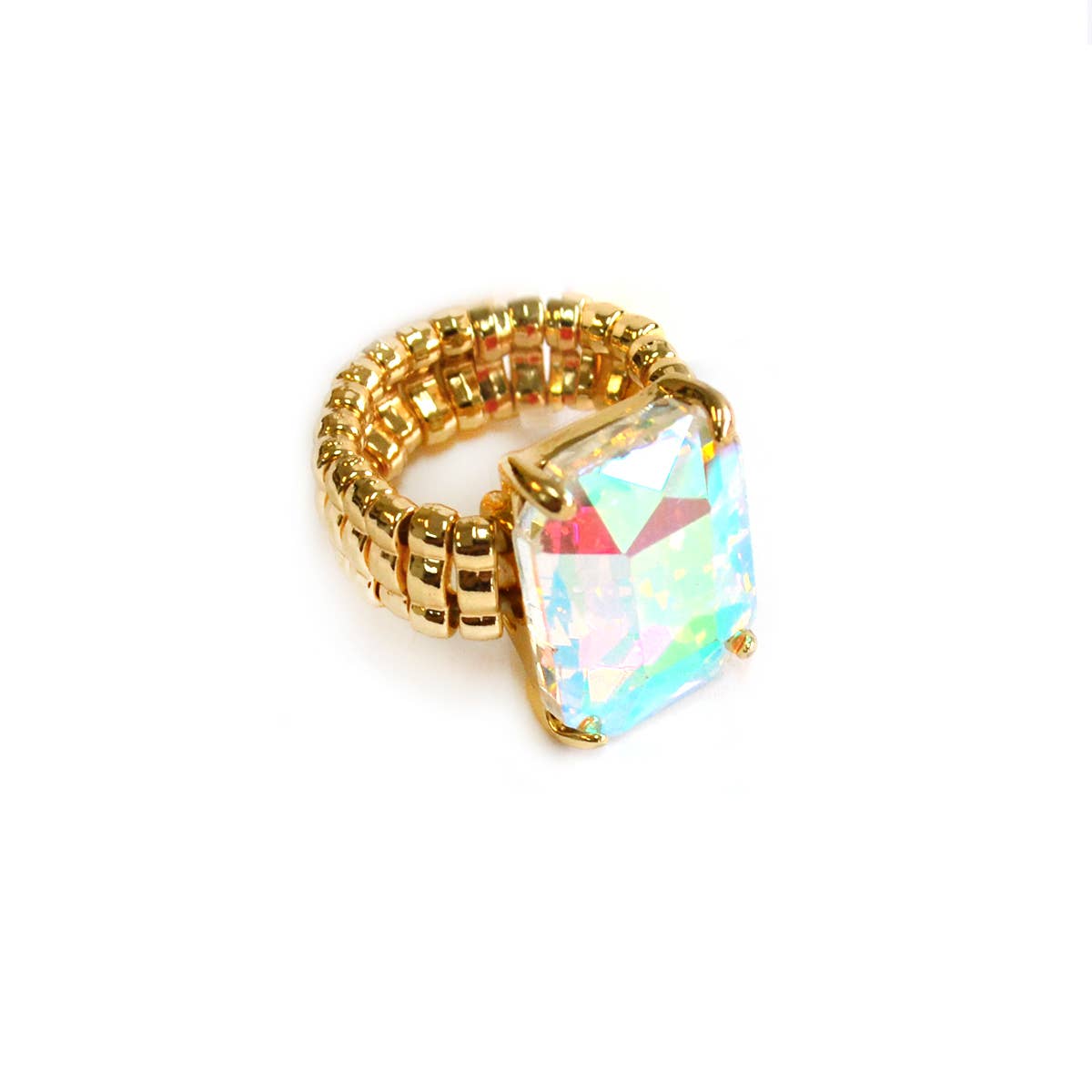 Rectangular Glass Cocktail Cut Stretched Adjustable Ring: Mint-AB