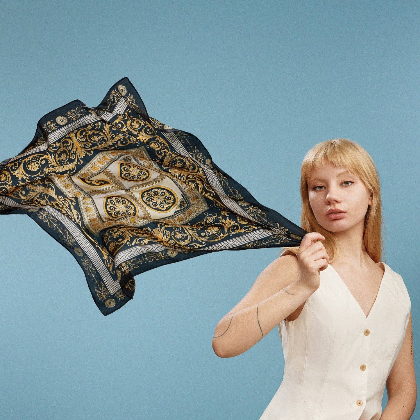 Satin Baroque Square Scarf | Vintage Ornate Scroll Print: OR / ONE