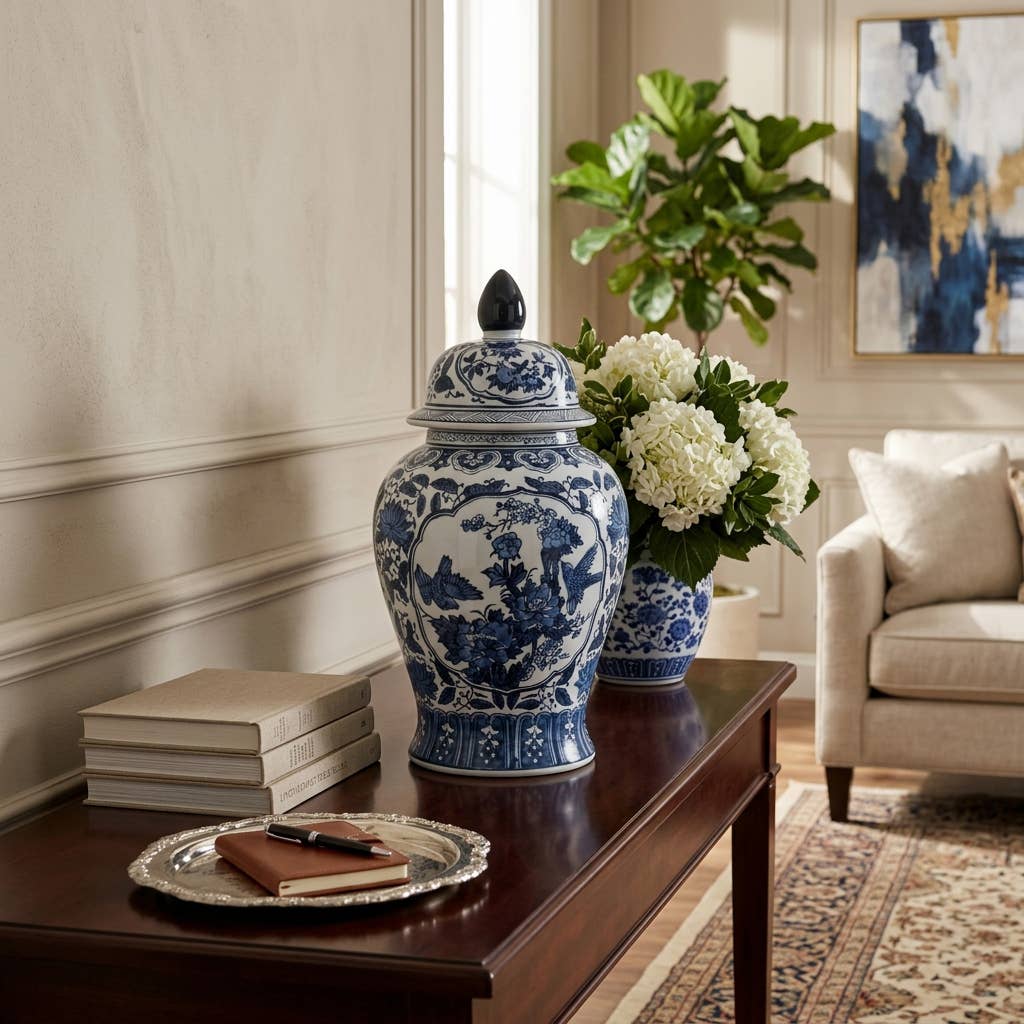 Large Blue & White Chinoiserie Lidded Jar-19 in