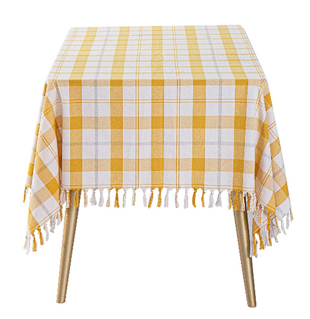 Yellow & White Plaid Cotton Blend  Tablecloth with Tassels