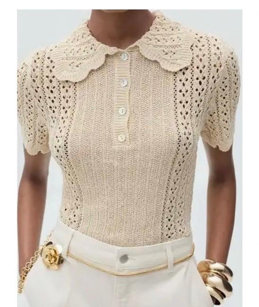 Rose- Knit Short Sleeved Collared Blouse