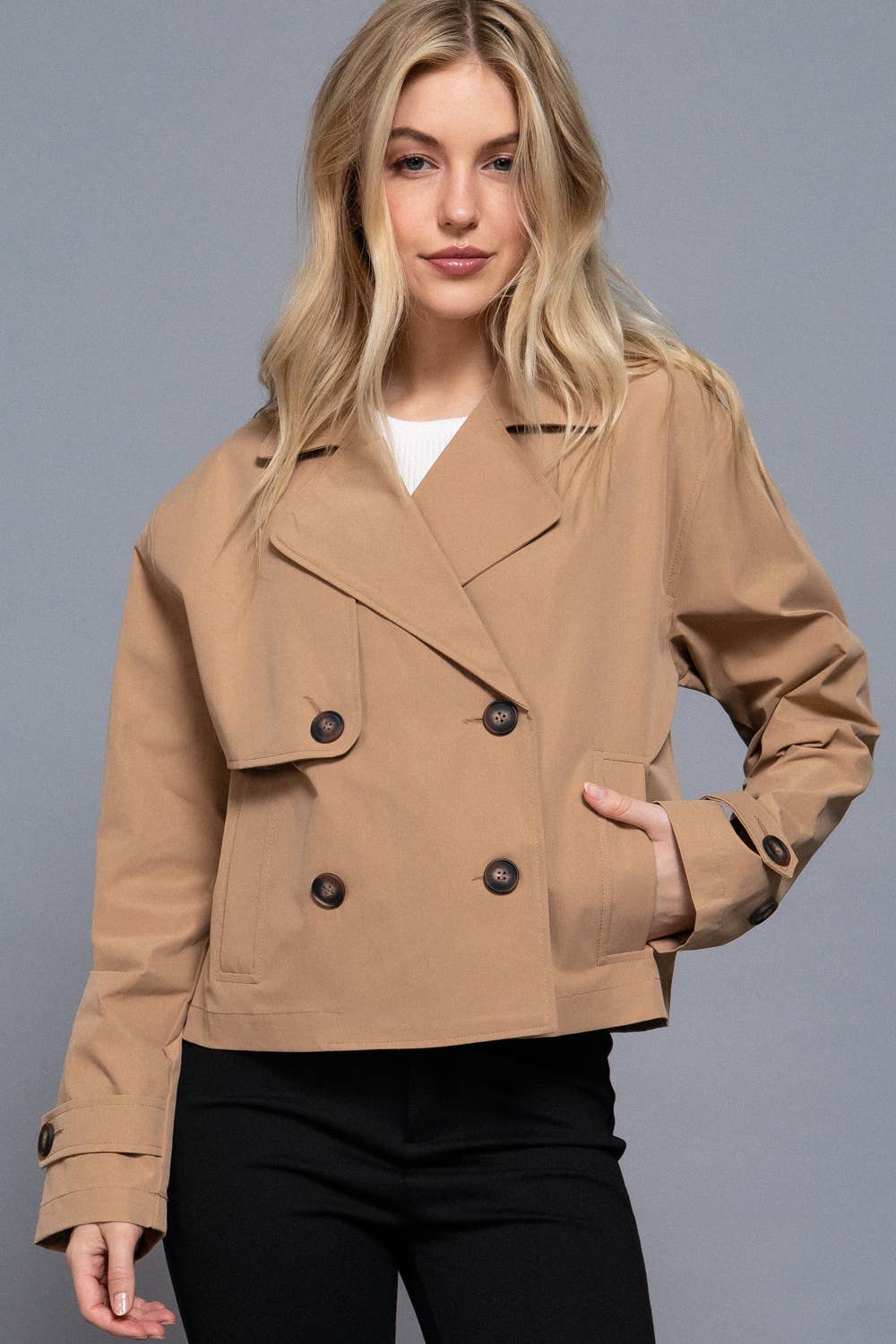 Long Sleeve Front Double Breasted Short Trench Jacket: BLK-black / L