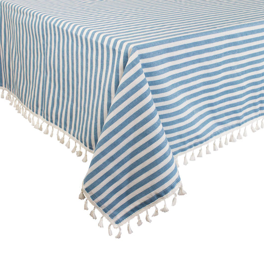 French Blue Simply Striped Tasseled Cotton Blend Tablecloth