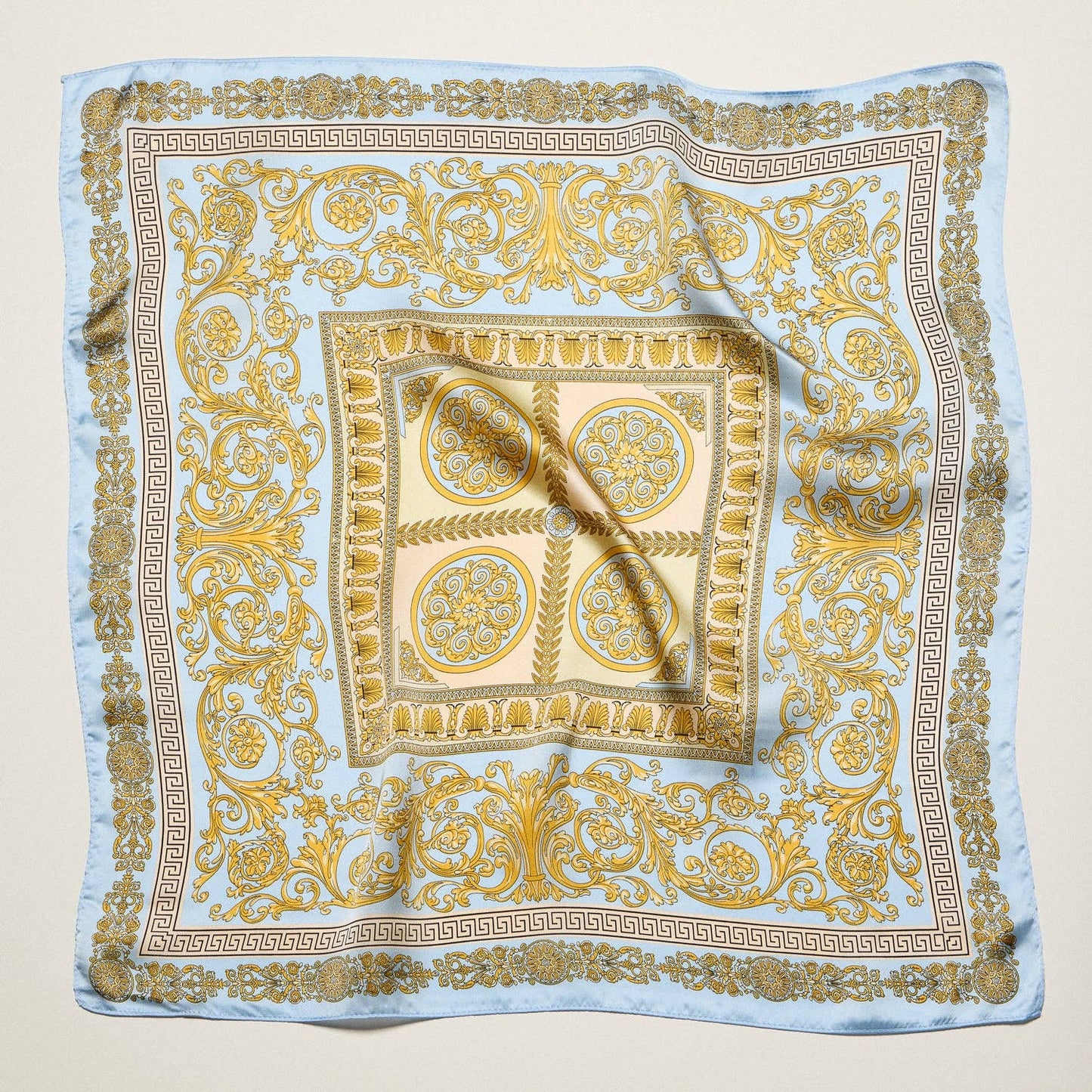 Satin Baroque Square Scarf | Vintage Ornate Scroll Print: BL / ONE